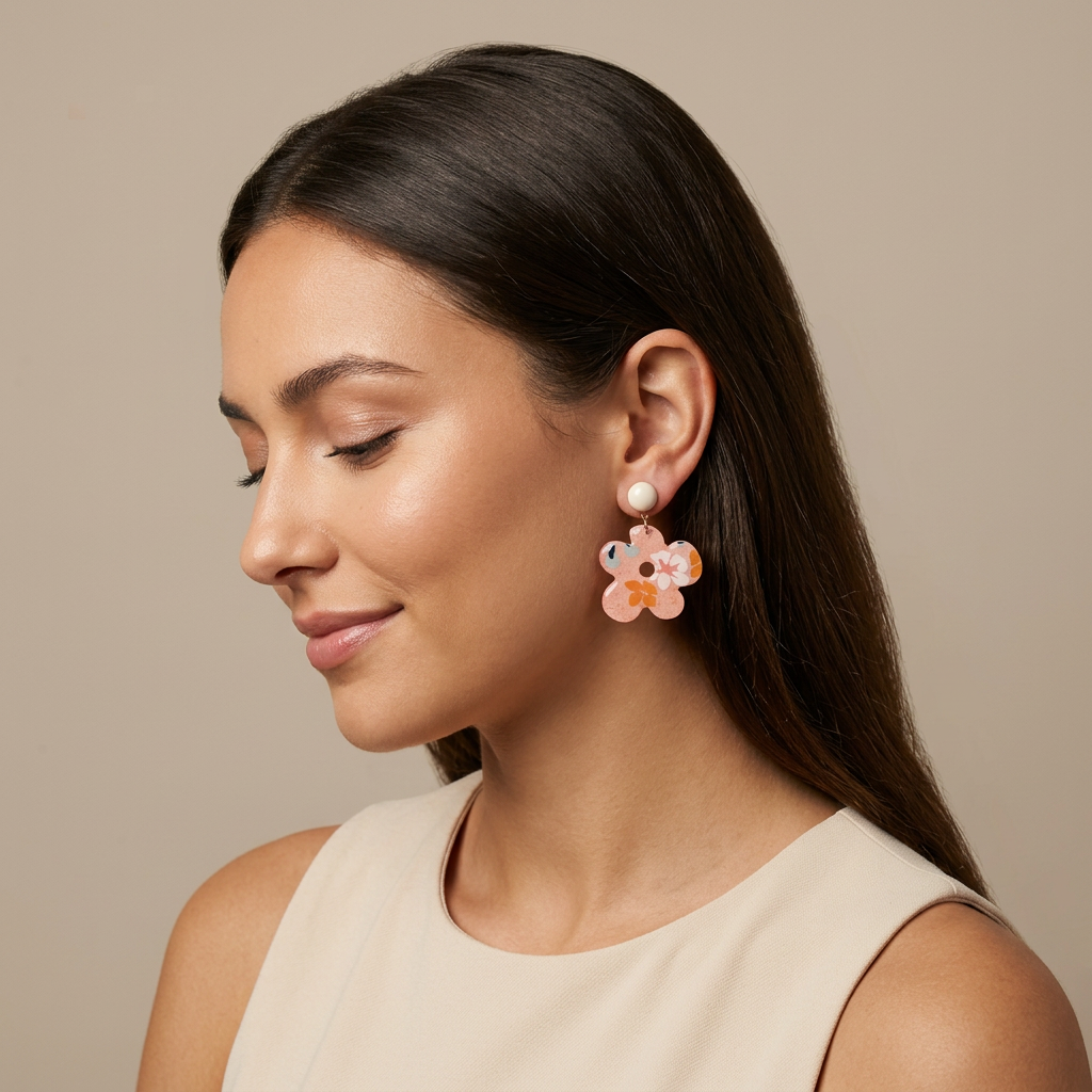 Boucles d'Oreilles Kéti — Pâquerette Papier Indien Rose Fleuri · Clous Acier Inoxydable